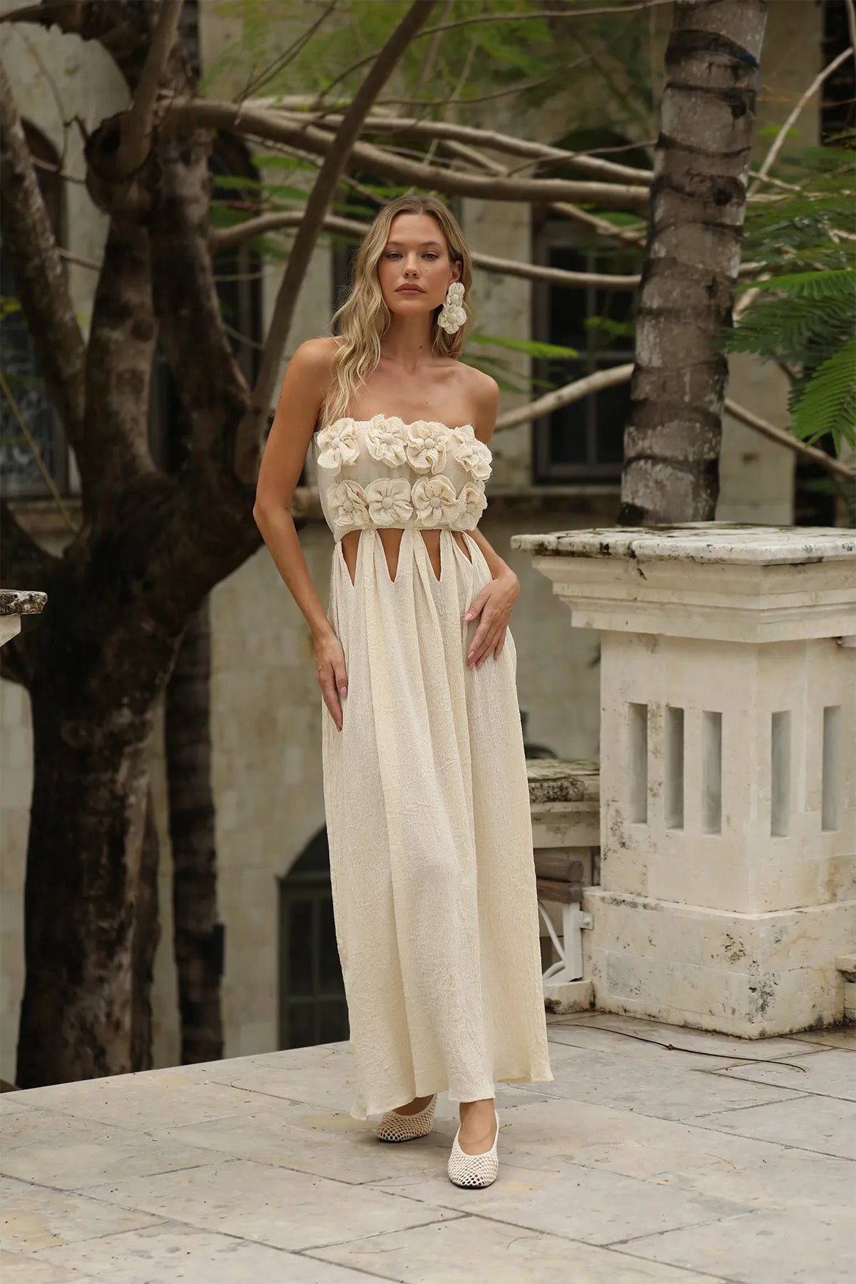 MANOLYA Floral Cotton Linen Ecru Dress