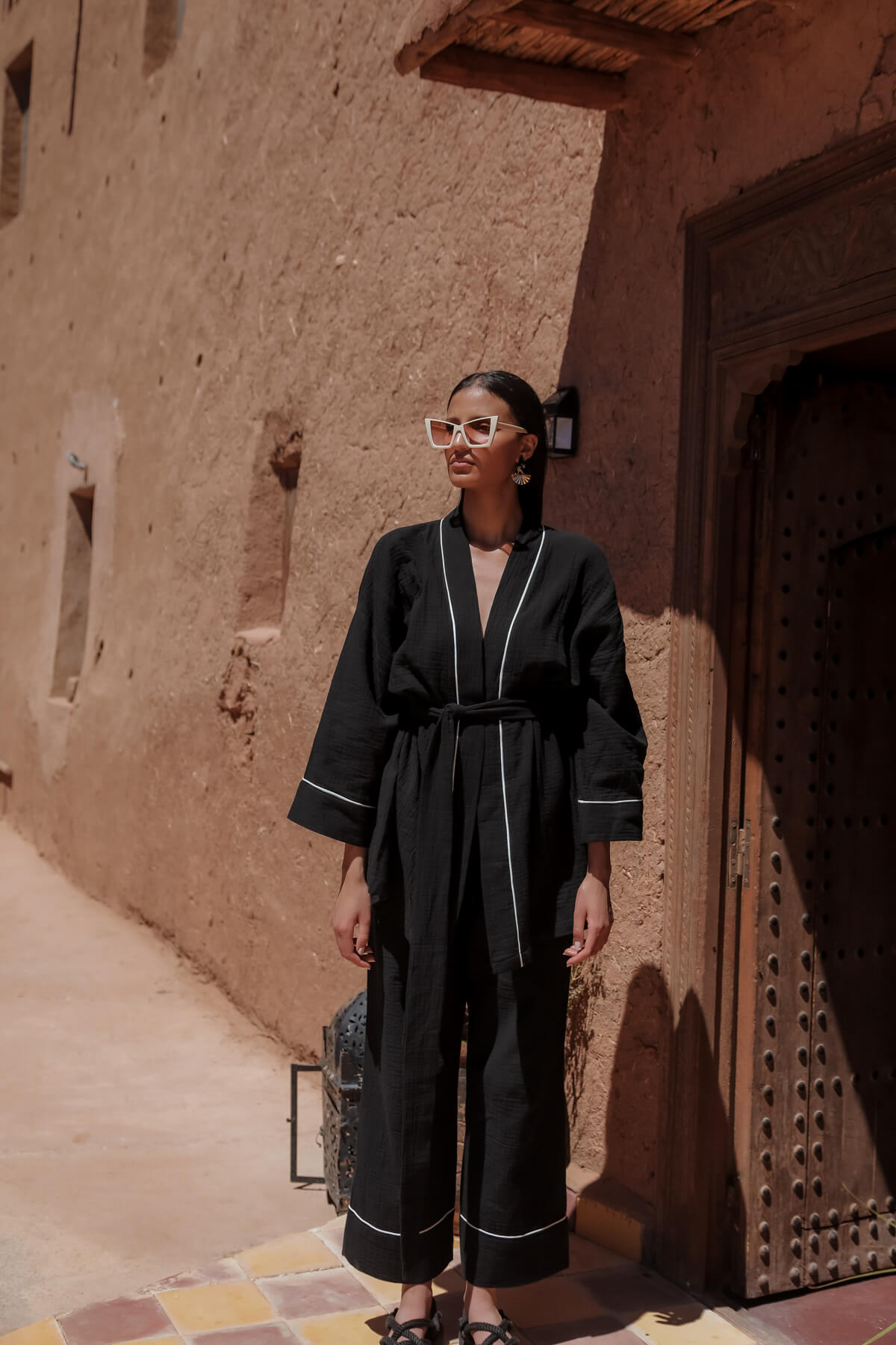 AMIRA 100% Cotton Black Short Kimono and Pant Suit