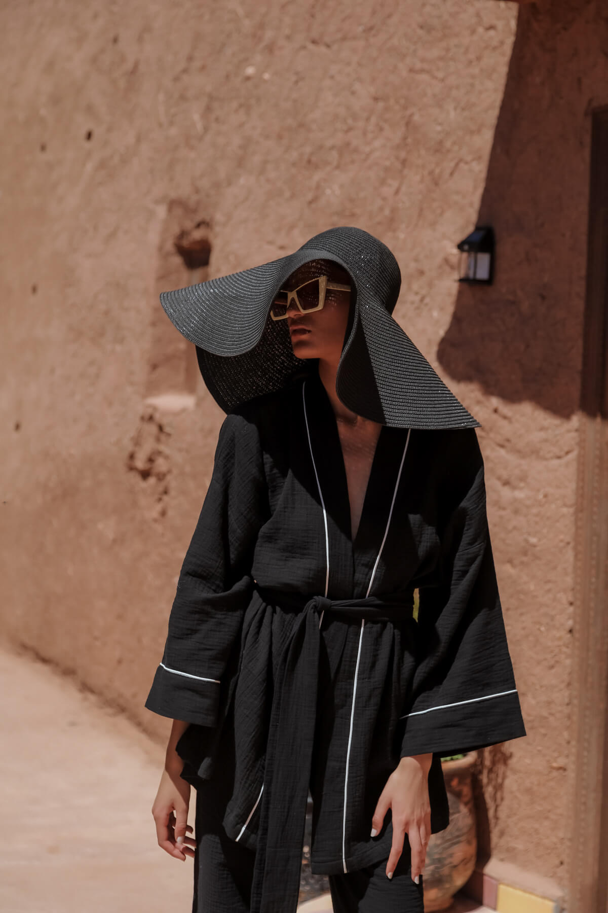 AMIRA 100% Cotton Black Short Kimono and Pant Suit