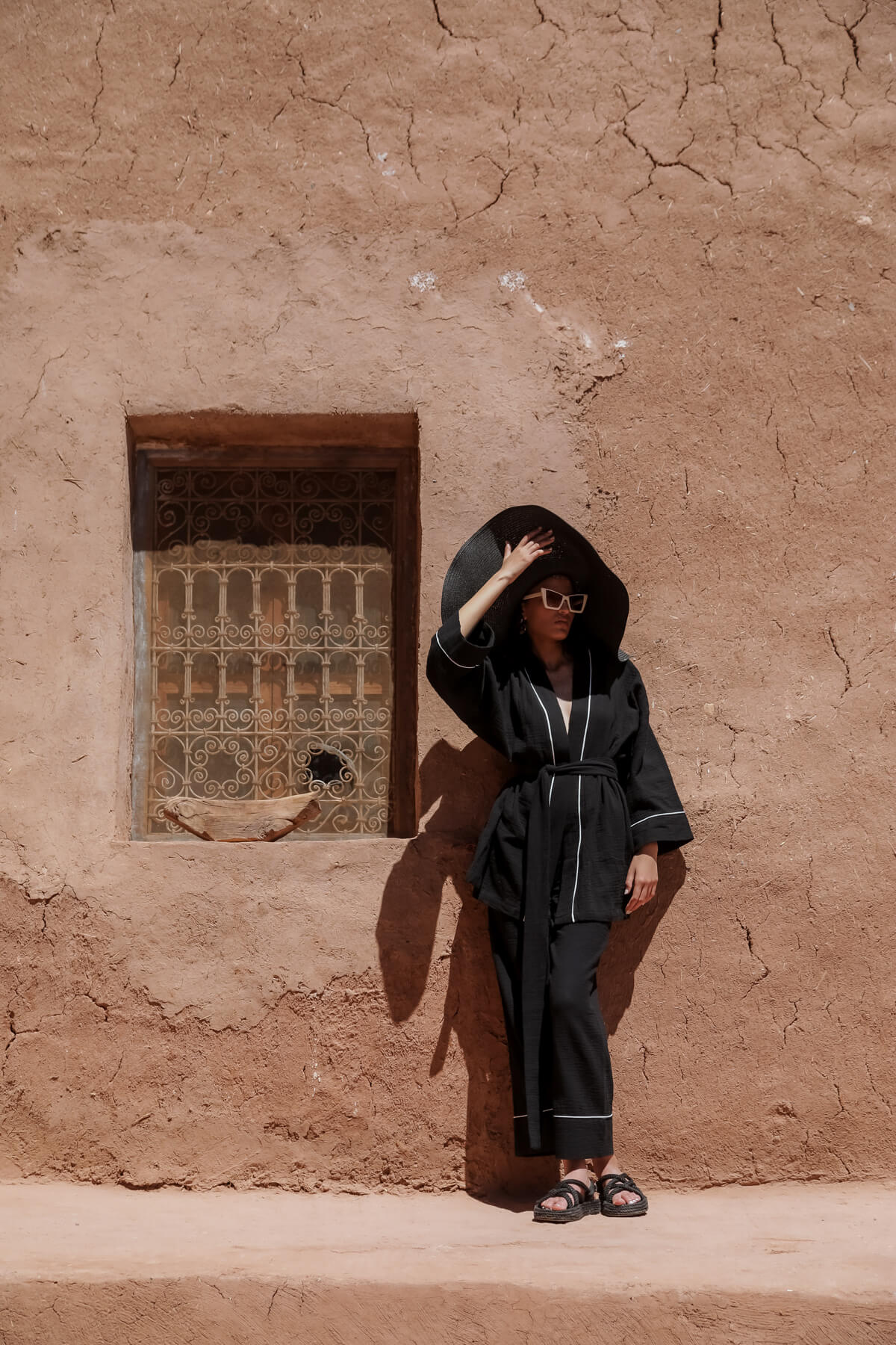 AMIRA 100% Cotton Black Short Kimono and Pant Suit