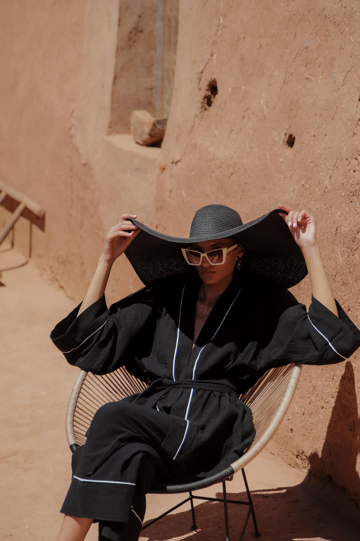 AMIRA 100% Cotton Black Short Kimono and Pant Suit