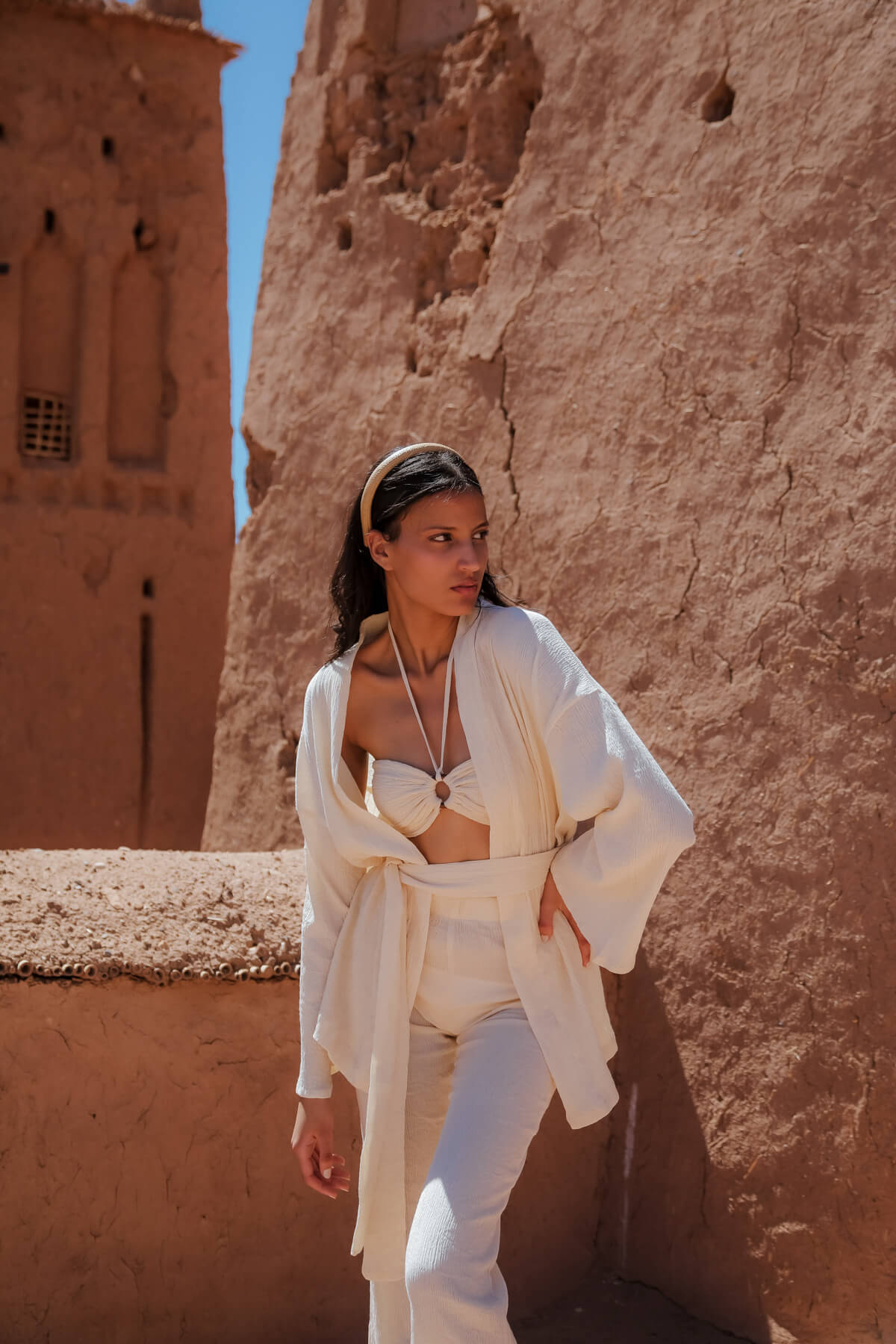 BAHIA 100% Cotton Sile Cloth Ecru Kimono, Crop and Pants
