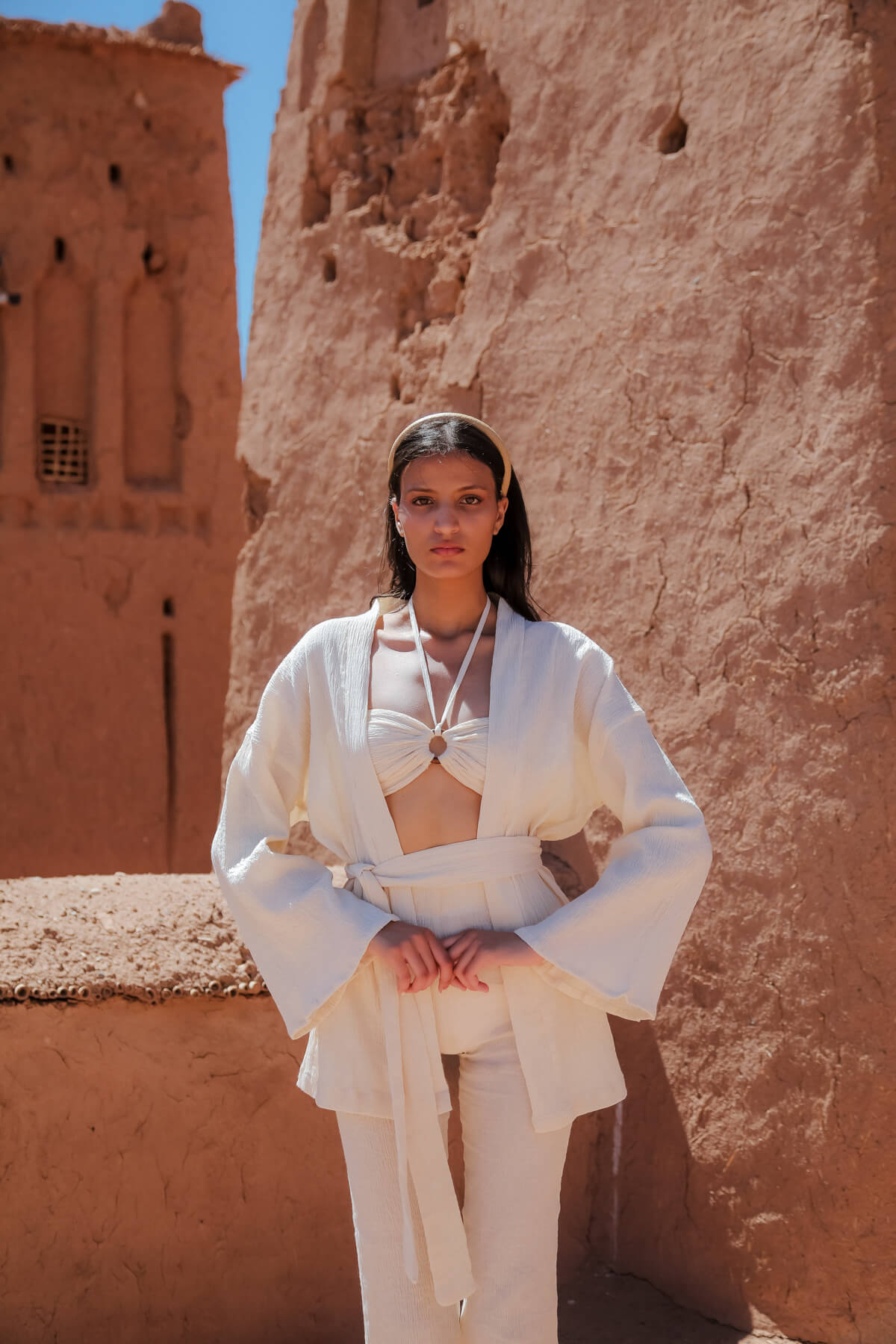 BAHIA 100% Cotton Sile Cloth Ecru Kimono, Crop and Pants