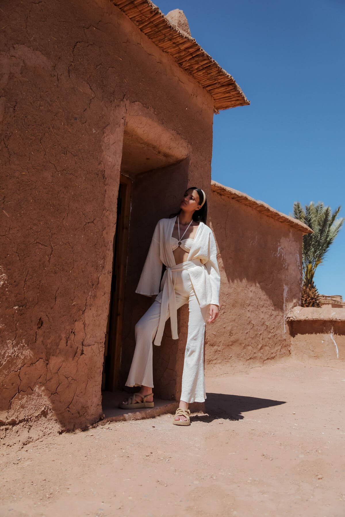 BAHIA 100% Cotton Sile Cloth Ecru Kimono, Crop and Pants
