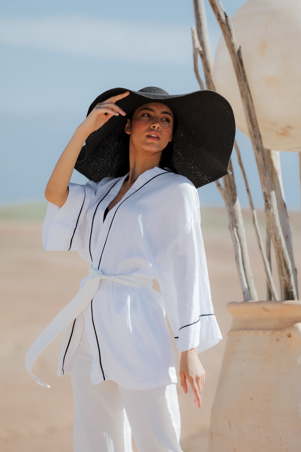 AMIRA 100% Cotton Optic White Short Kimono and Pant Suit