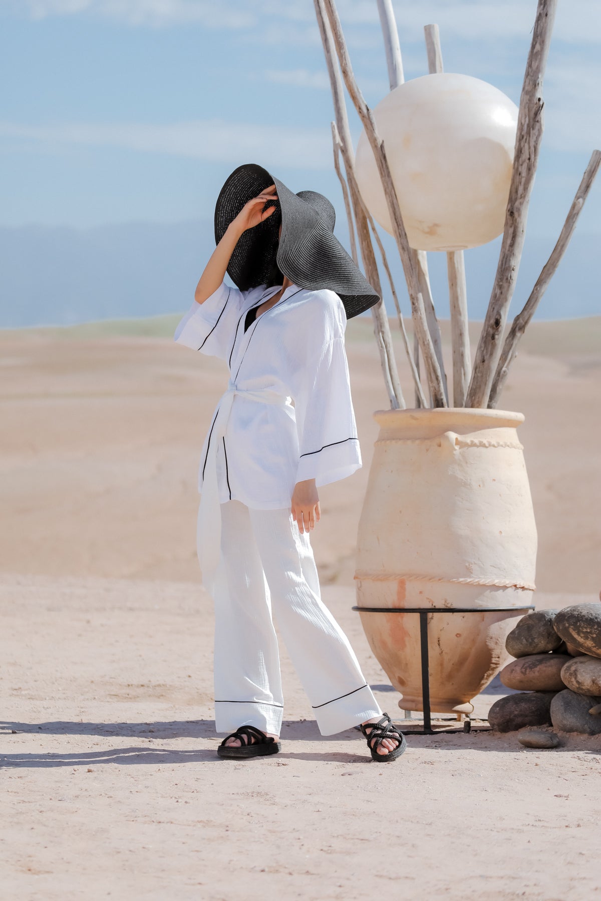 AMIRA 100% Cotton Optic White Short Kimono and Pant Suit