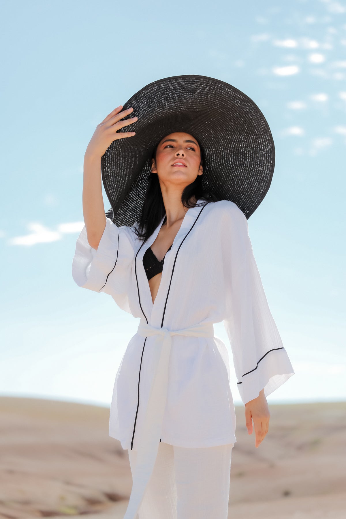 AMIRA 100% Cotton Optic White Short Kimono and Pant Suit
