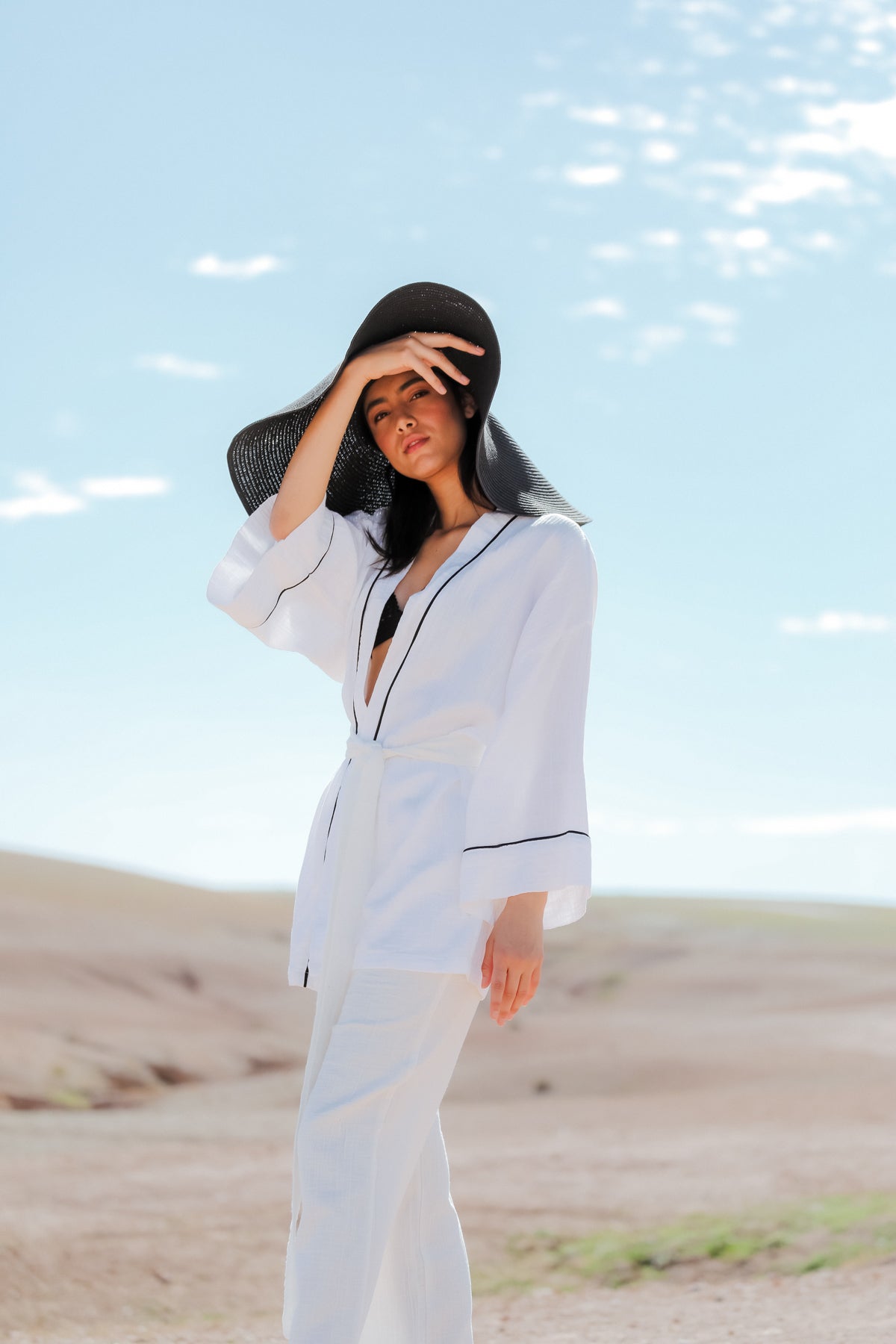 AMIRA 100% Cotton Optic White Short Kimono and Pant Suit