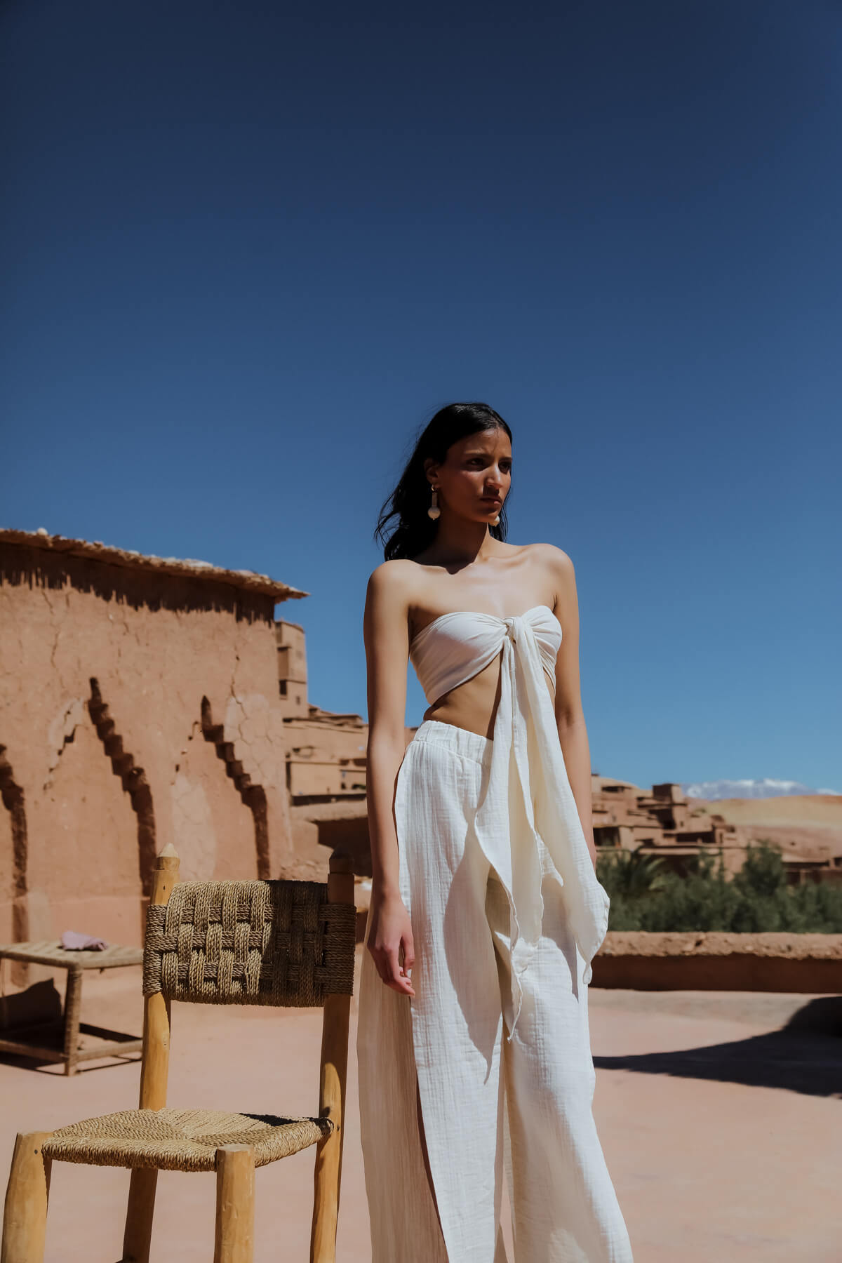 AICHA 100% Cotton Ecru Front Tie Front Bustier and Pants with Slits