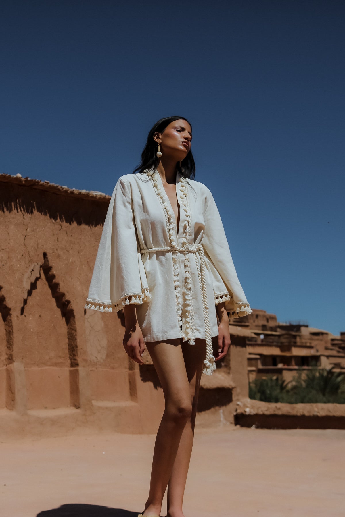 LOUBNA Ecru Fringed Kimono