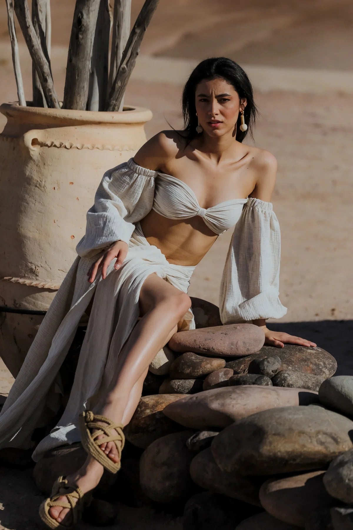 CHAIMA Cotton Linen Cream Bustier and Draped Skirt
