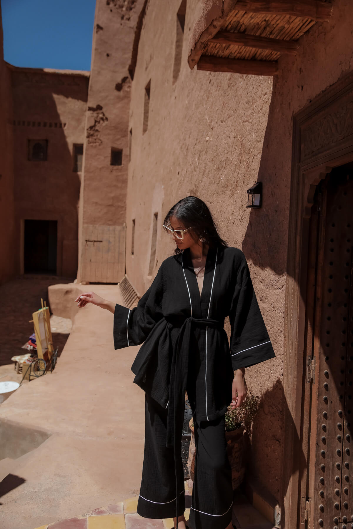 AMIRA 100% Cotton Black Short Kimono and Pant Suit