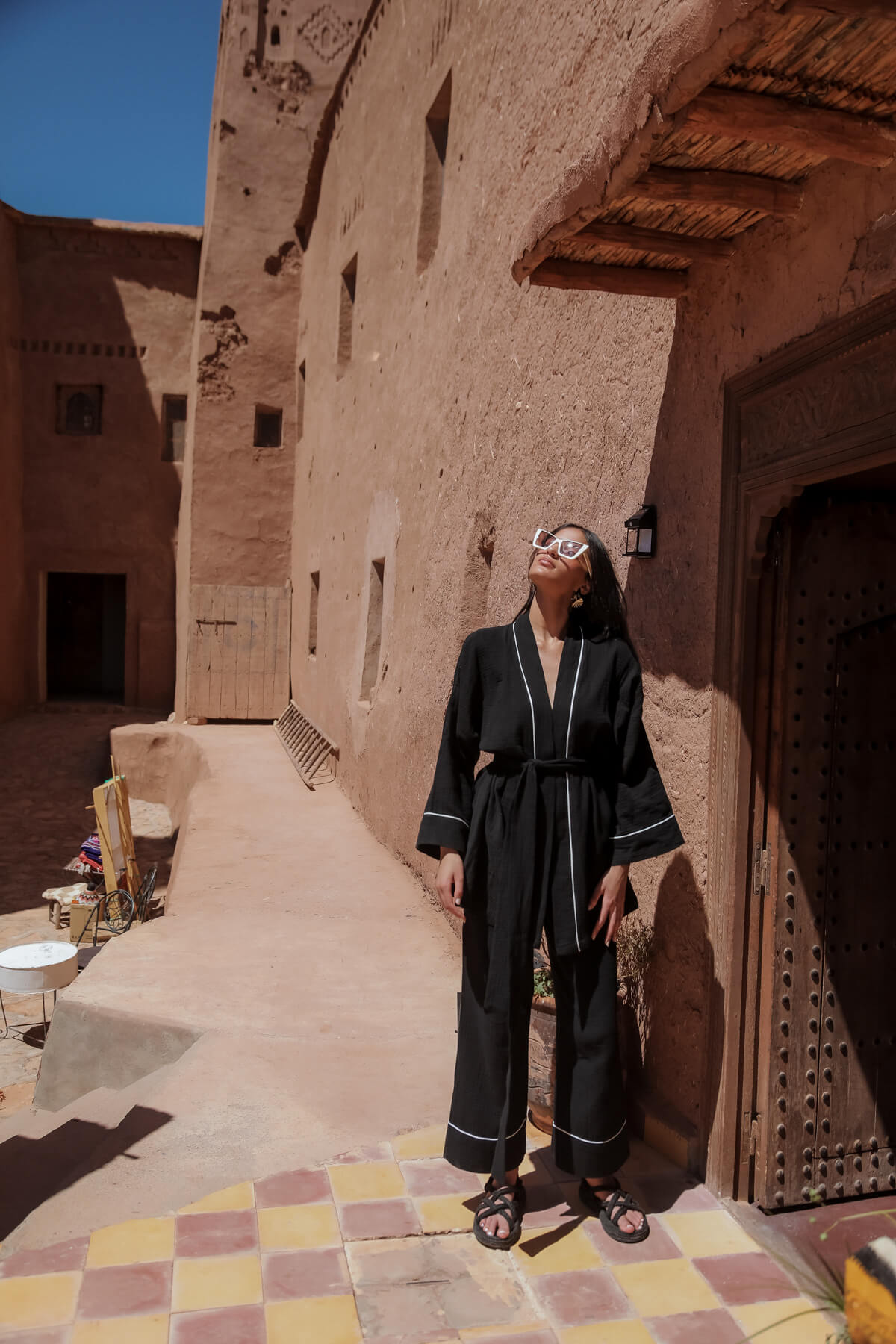 AMIRA 100% Cotton Black Short Kimono and Pant Suit