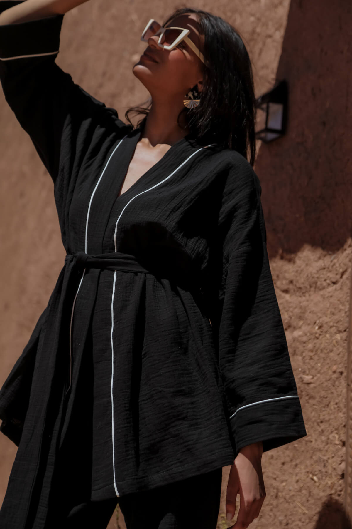 AMIRA 100% Cotton Black Short Kimono and Pant Suit