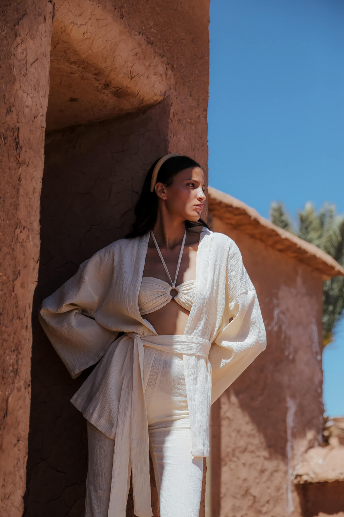 BAHIA 100% Cotton Sile Cloth Ecru Kimono, Crop and Pants