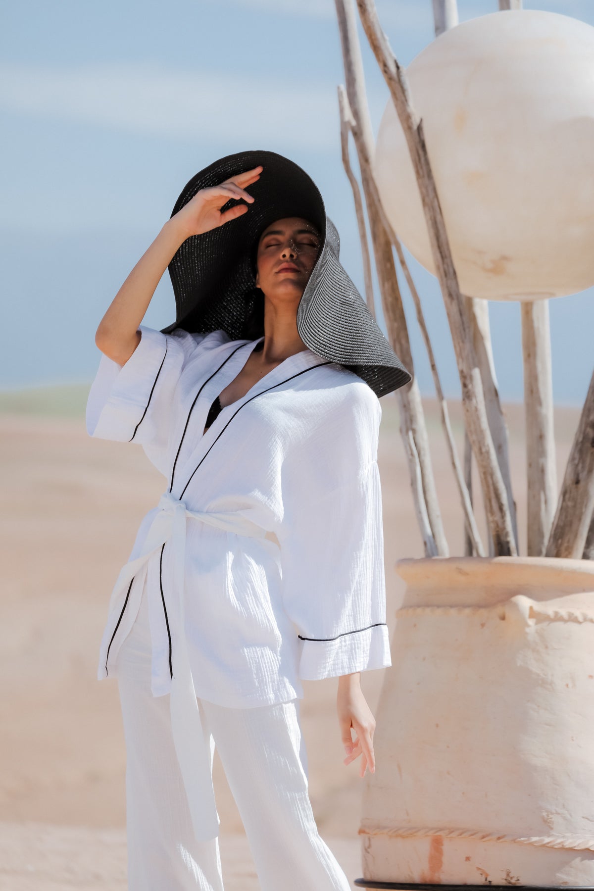 AMIRA 100% Cotton Optic White Short Kimono and Pant Suit