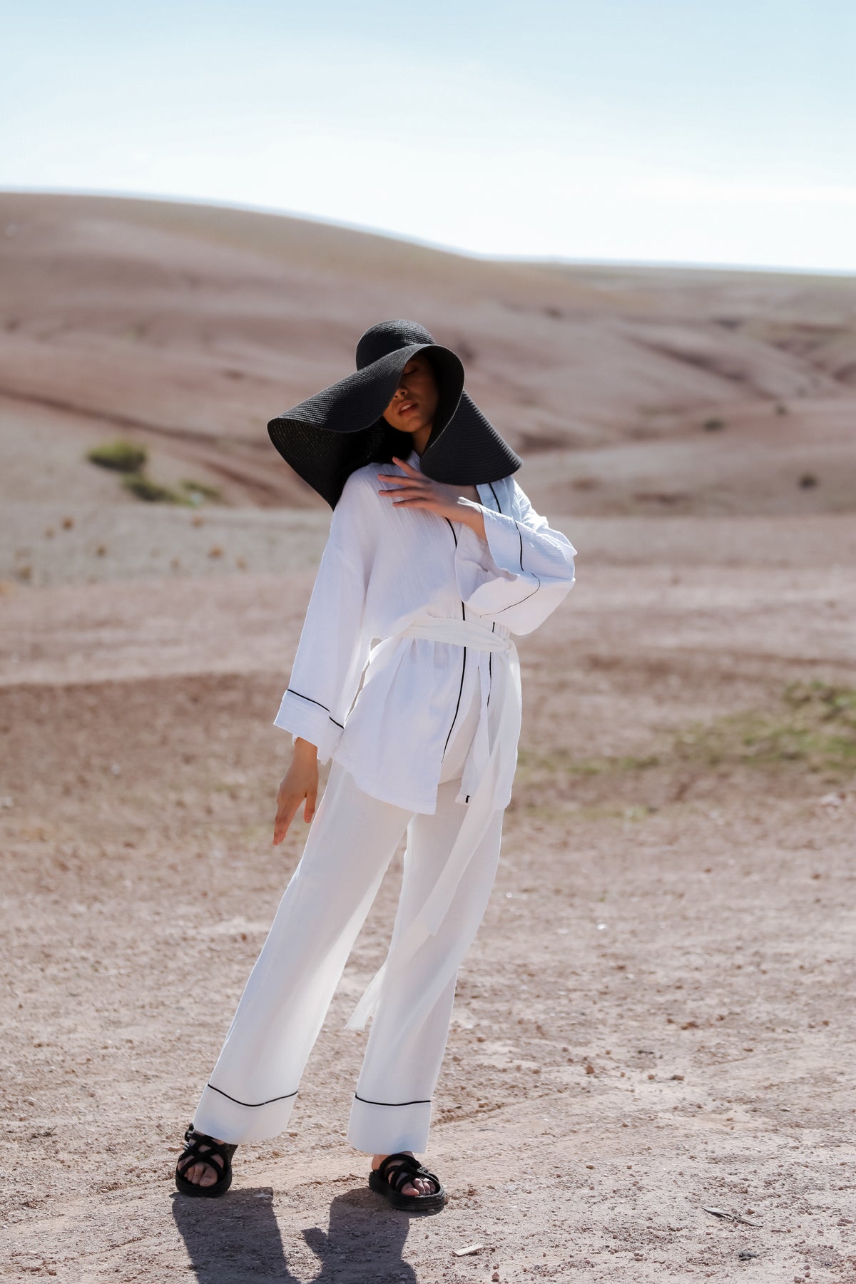 AMIRA 100% Cotton Optic White Short Kimono and Pant Suit