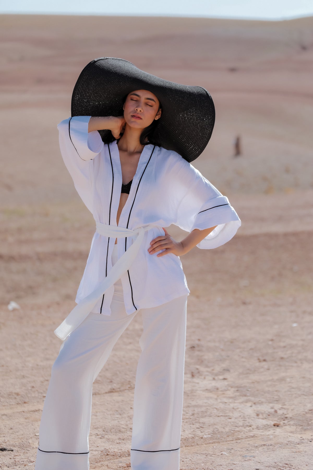 AMIRA 100% Cotton Optic White Short Kimono and Pant Suit
