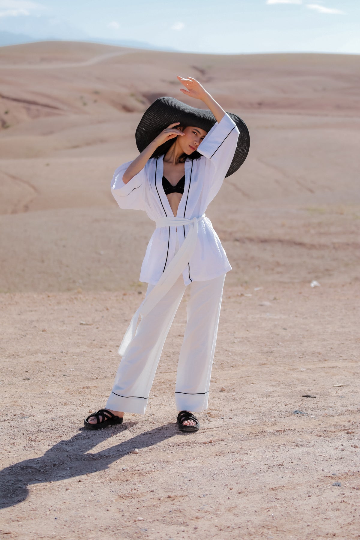 AMIRA 100% Cotton Optic White Short Kimono and Pant Suit