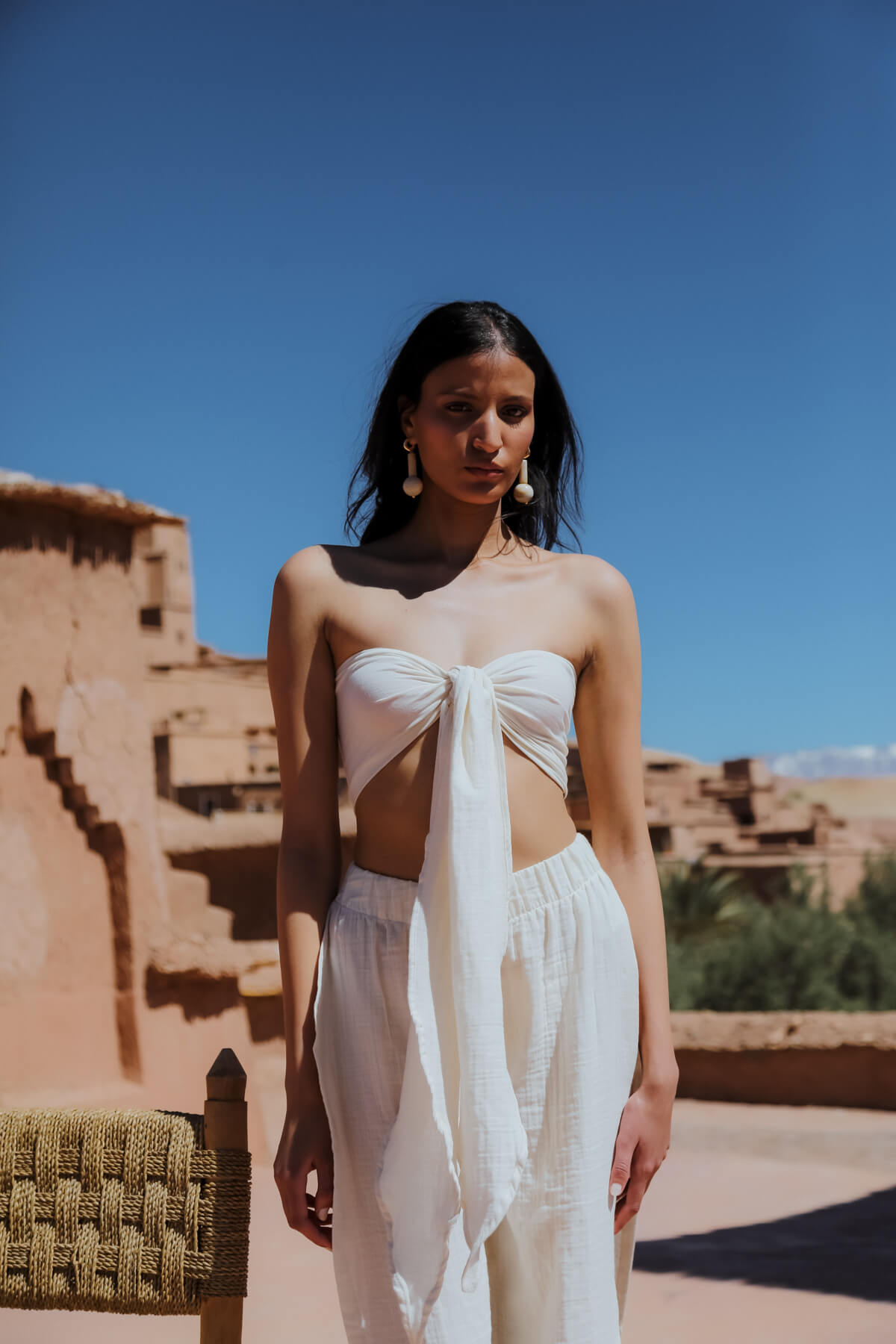 AICHA 100% Cotton Ecru Front Tie Front Bustier and Pants with Slits
