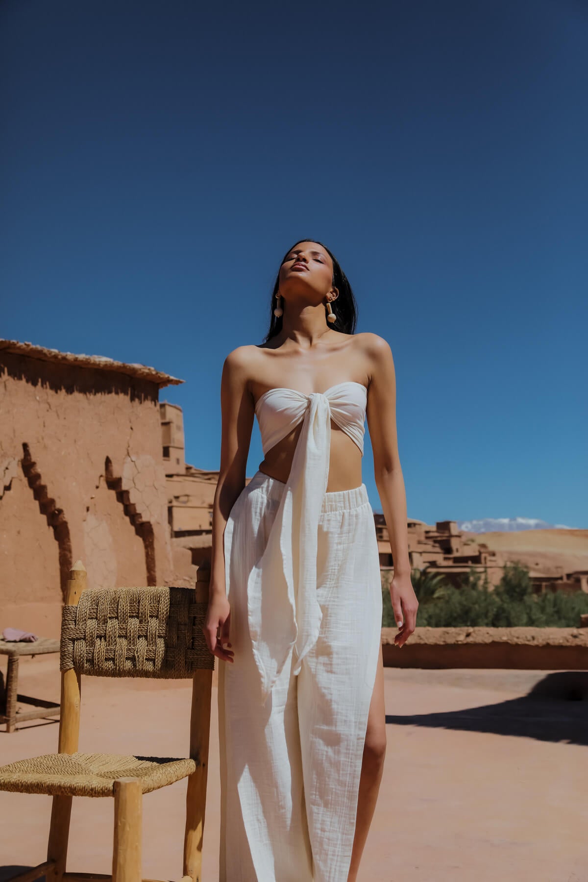 AICHA 100% Cotton Ecru Front Tie Front Bustier and Pants with Slits