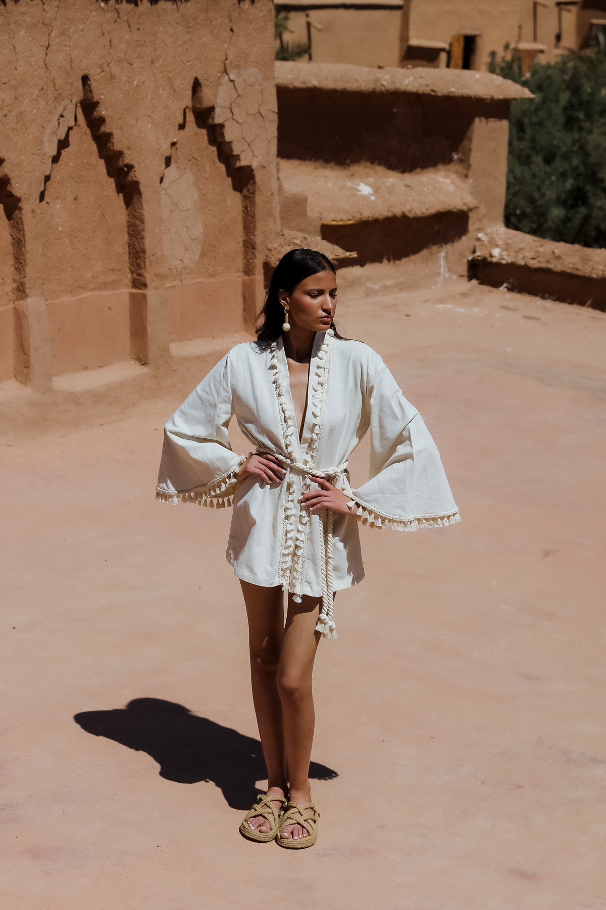 LOUBNA Ecru Fringed Kimono