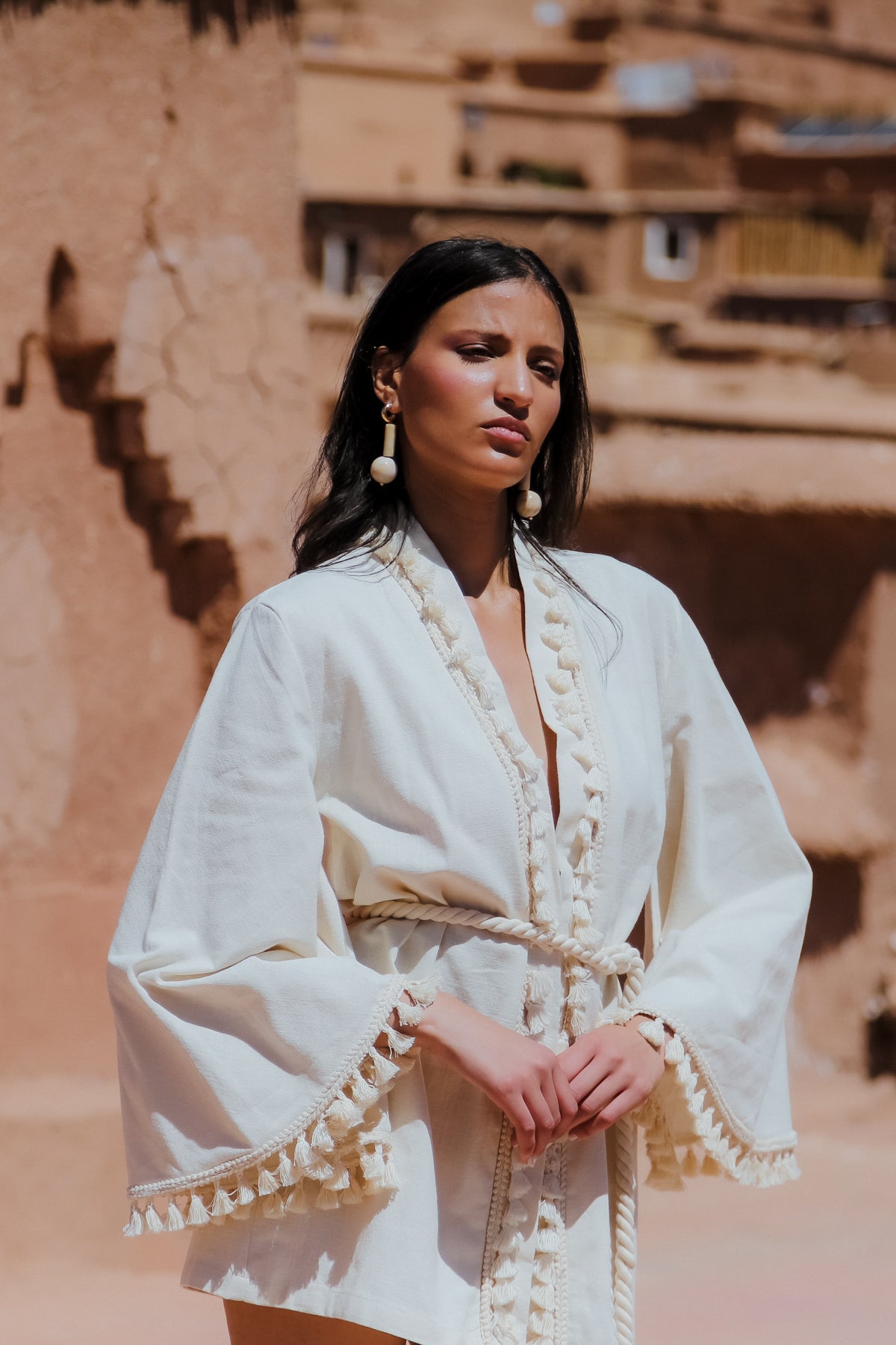 LOUBNA Ecru Fringed Kimono