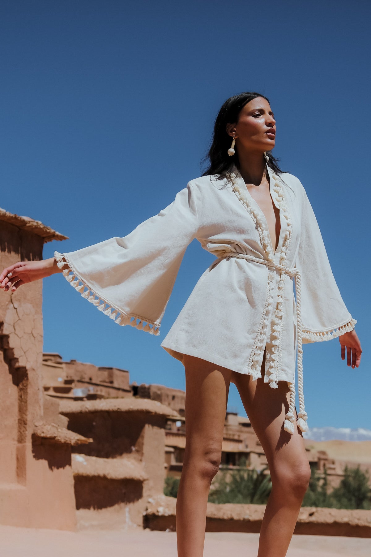 LOUBNA Ecru Fringed Kimono