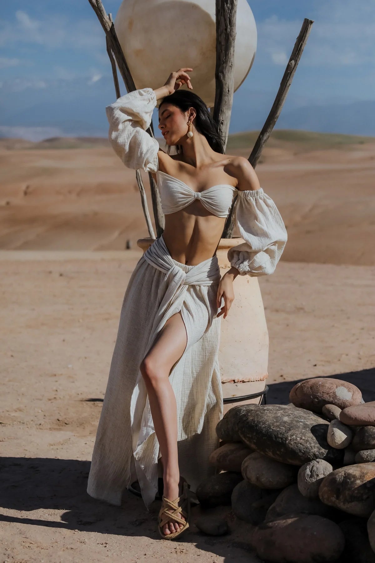CHAIMA Cotton Linen Cream Bustier and Draped Skirt